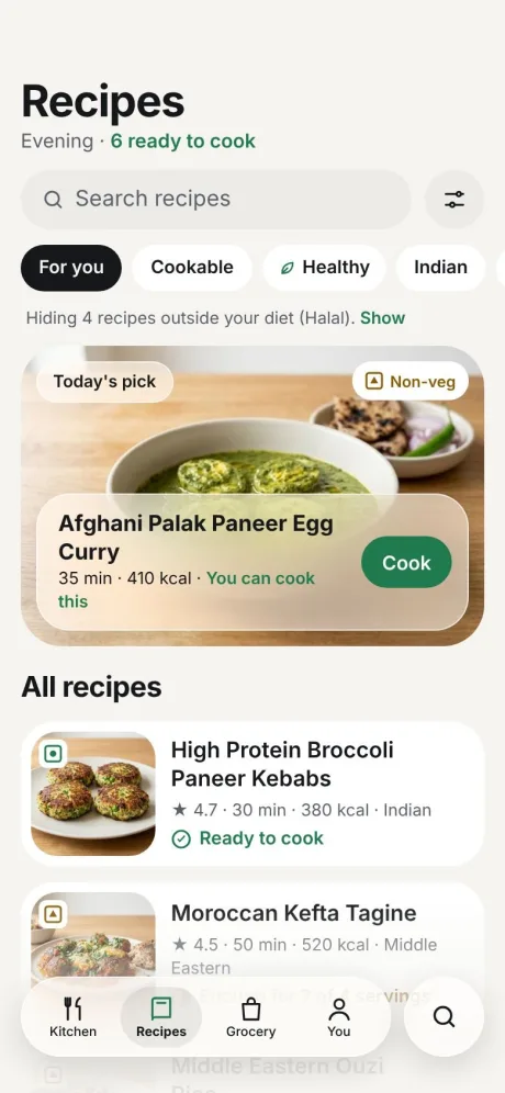 Recipes screen